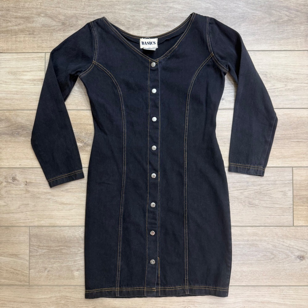 Vintage 90s Stretch Denim Mini Dress Black Contrast Stitch Snap Front Grunge Y2K